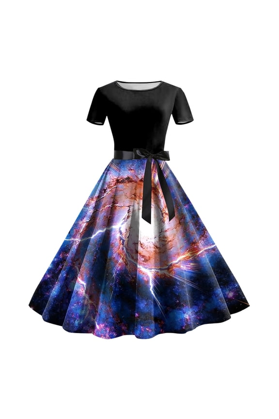 Women's Sun Moon Star Galaxy A-Line Dress Short Sleeve High Waisted Belted Midi Dress (Light Blue, S)