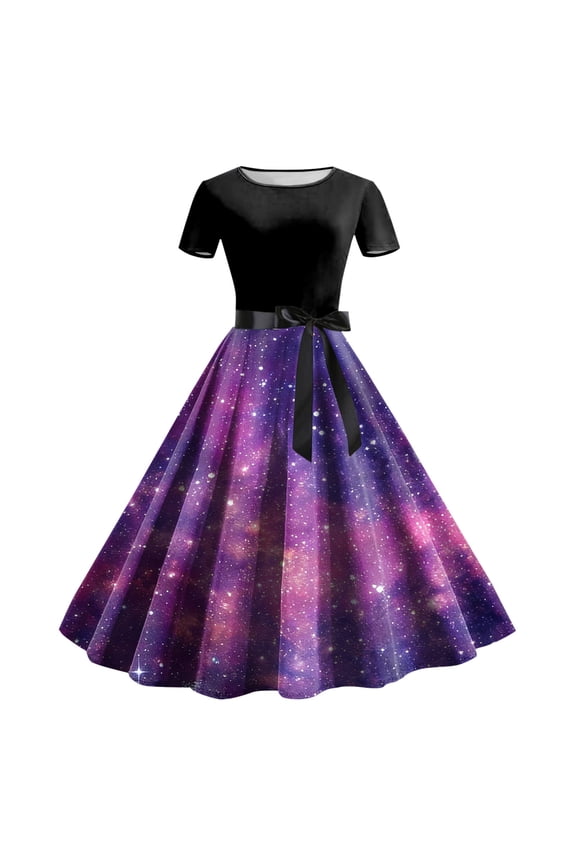 Women's Sun Moon Star Galaxy A-Line Dress Short Sleeve High Waisted Belted Midi Dress (Purple, M)