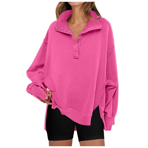 COMVALUE Women's Sweatshirts Oversized Casual Loose Button Up Henley Pullover Top High Low Split 2025 Fall Fashion Outfits (Hot Pink,XL)