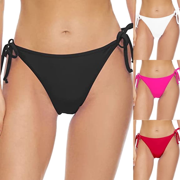 COMVALUE Women's Tie Side Bikini Bottoms Mid Rise String Bathing Suits Bottom (Hot Pink, L)