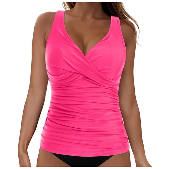 COMVALUE Women's Underwire V Neck Tankini Top Twist Push Up Swim Top Ruched Bathing Suit Tops Only (Hot Pink, L)