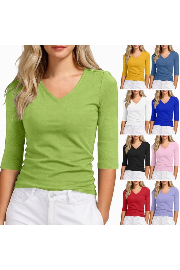Women's V Neck T Shirts Slim Fitted Half Sleeve Tops Basic Tees (Light Purple, XXL)