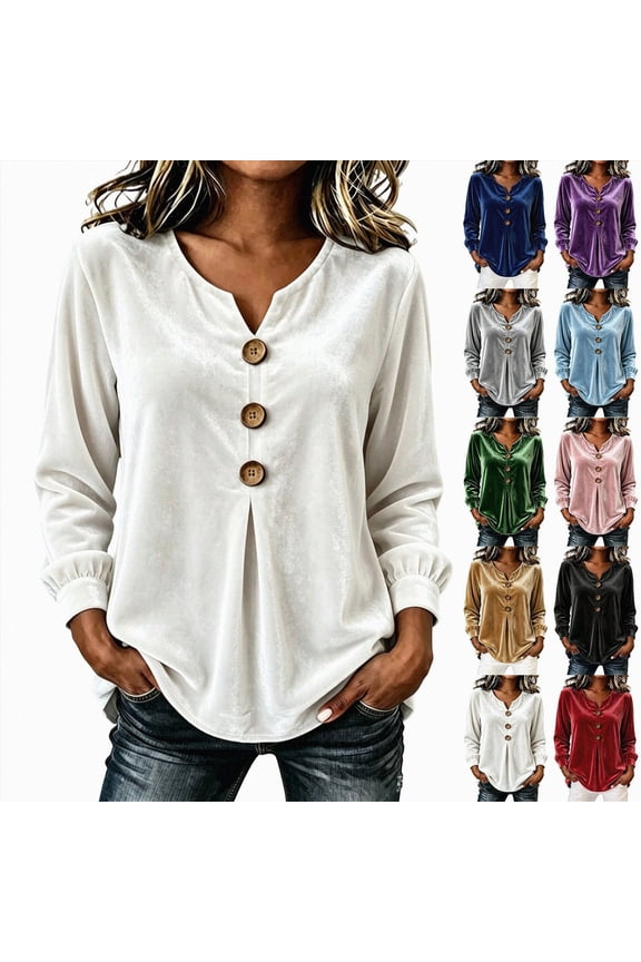 Women's Velvet Long Sleeve Blouse V Neck Button Front Tunic Tops Loose Puff Cuff Casual Versatile Tops For Spring Autumn Purple for Size M