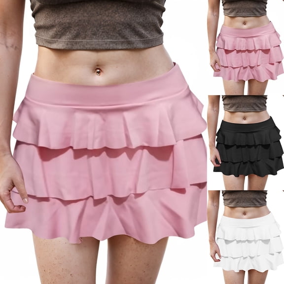 COMVALUE Women’s Y2k Ruffle Mini Skirt Vintage Polka Dot Print A Line Pleated Tiered Short Skirts Boho Teen Girls Beach Skorts (Pink, L)