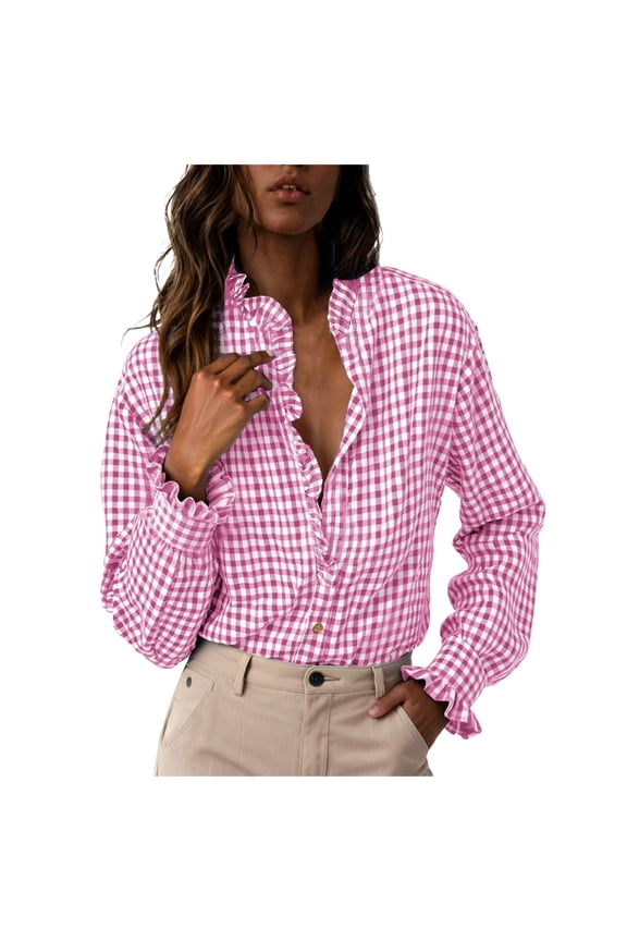 Womens 2026 Plaid Ruffle V Neck Button Down Blouse Casual Long Sleeve Gingham Trendy Tops Work Checkered Shirt (Pink, L)