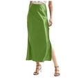 thumbnail image 1 of COMVALUE Womens 2026 Satin Silk High Waist Slit Midi Skirt Elastic Waistband Midi Skirts (XL, Green), 1 of 5