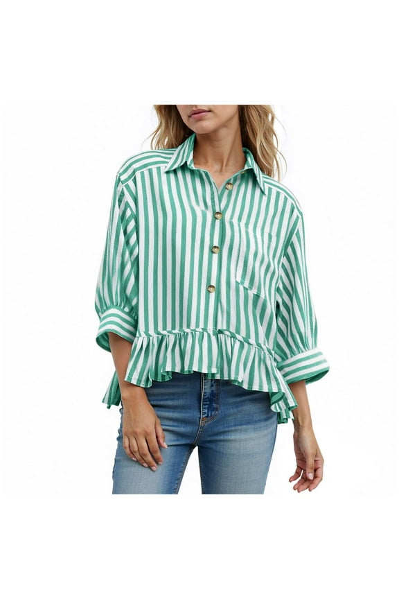 Womens 2026 Summer Tops Dressy Casual Blouse Top Ruffled Short Sleeve Button Down Striped Shirt (Green, M)