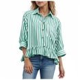 thumbnail image 1 of COMVALUE Womens 2026 Summer Tops Dressy Casual Blouse Top Ruffled Short Sleeve Button Down Striped Shirt (Green, S), 1 of 7