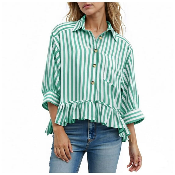 COMVALUE Womens 2026 Summer Tops Dressy Casual Blouse Top Ruffled Short Sleeve Button Down Striped Shirt (Green, S)
