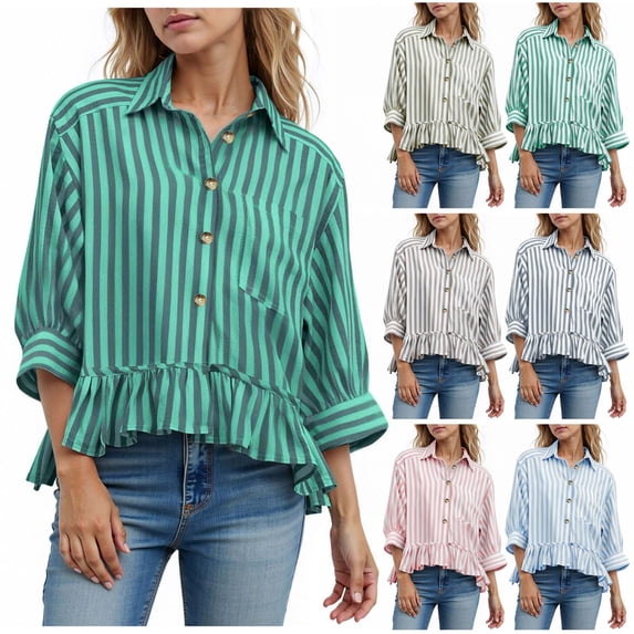 COMVALUE Womens 2026 Summer Tops Dressy Casual Blouse Top Ruffled Short Sleeve Button Down Striped Shirt (Khaki, S)