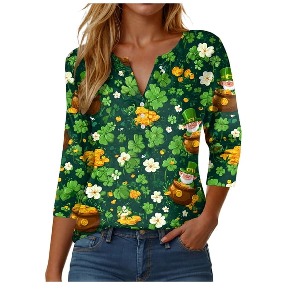 COMVALUE Womens 3/4 Length Sleeve St. Patrick's Day Tops Crew Neck Graphic Print Basic Tees (Army Green, XXL)