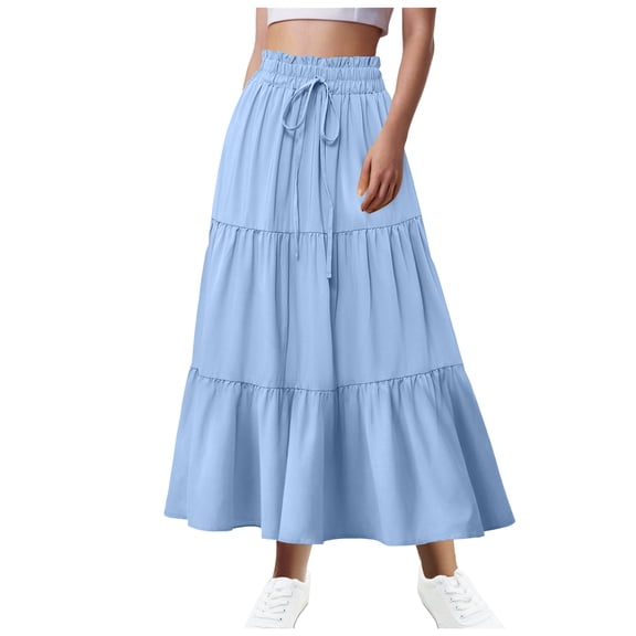 COMVALUE Womens A Line Long Midi Denim Skirt Tired Pleated Layers Elastic Waist Front Drawstring (Light Blue, M)