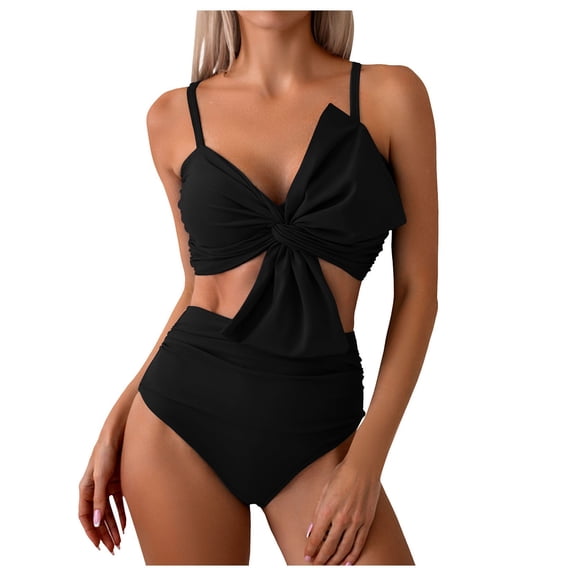 COMVALUE Womens Bikini Set High Waisted Swimwear Tie Knot High Rise Two Piece Swimsuits Bathing Suits (Black, XXL)