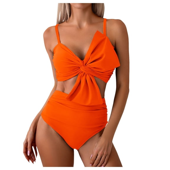 COMVALUE Womens Bikini Set High Waisted Swimwear Tie Knot High Rise Two Piece Swimsuits Bathing Suits (Orange, L)