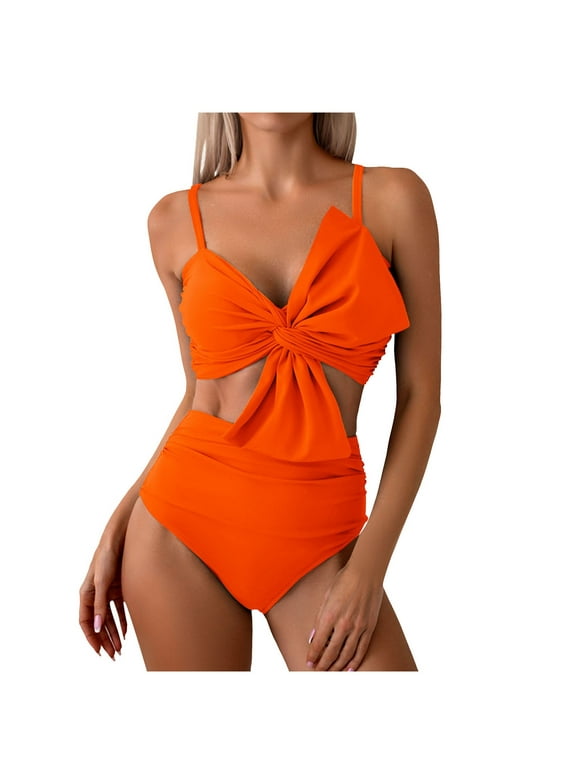 Womens Bikini Set High Waisted Swimwear Tie Knot High Rise Two Piece Swimsuits Bathing Suits (Orange, L)