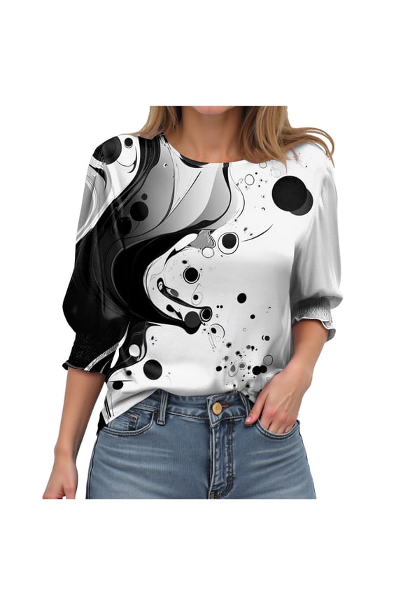 Womens Butterfly Print T Shirts Plus Size 3/4 Sleeve Tops Classic Crew Neck Fancy Tunic Casual Tee Blouses (White, XXL)