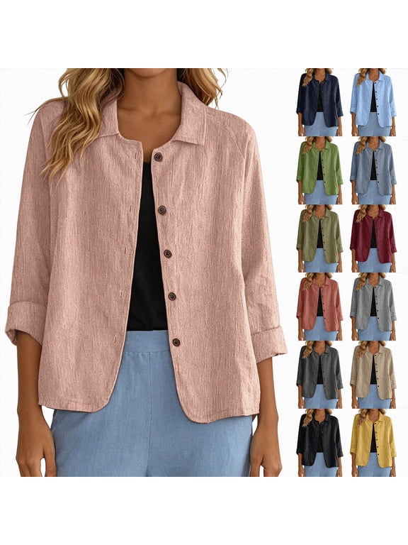 Womens Cotton Linen Shirts Jacket Long Sleeve Button Down Blazer Lightweight Casual Lapel Cardigans Summer Blouses Black for Size XL