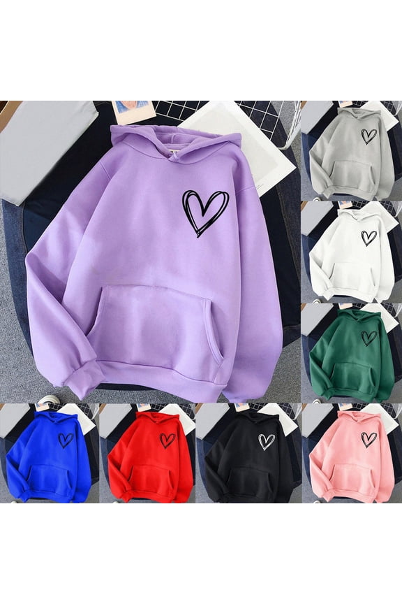 Womens Cute Heart Hoodies Oversized Hooded Sweatshirt Pullover Fall Long Sleeve Graphic Hoodie Fleece College Sweater Red Size S