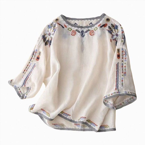 COMVALUE Womens Dressy Tops and Blouses Floral Embroidered Shirts Puff Sleeve Loose Fit Business Casual Tunic for Ladies (Beige, XXL)