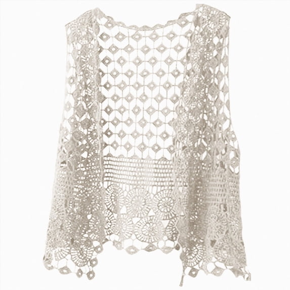 COMVALUE Womens Floral Crochet Lace Boho Trim Sleeveless Open Front Vest Cardigan (Beige, One Size)