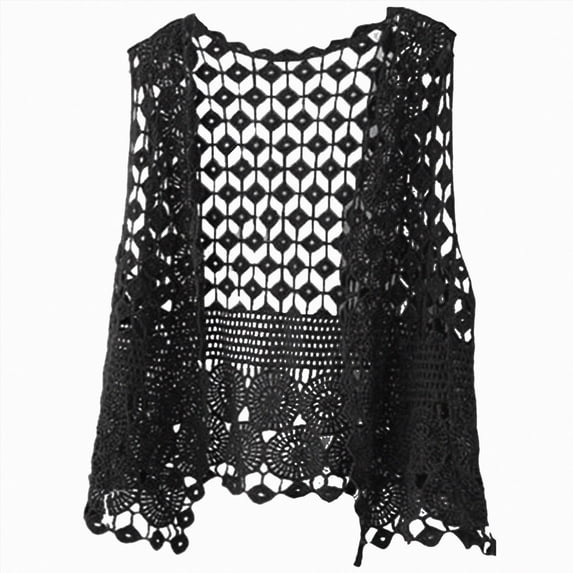 COMVALUE Womens Floral Crochet Lace Boho Trim Sleeveless Open Front Vest Cardigan (Black, One Size)