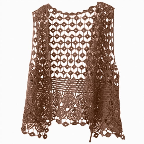 COMVALUE Womens Floral Crochet Lace Boho Trim Sleeveless Open Front Vest Cardigan (Coffee, One Size)