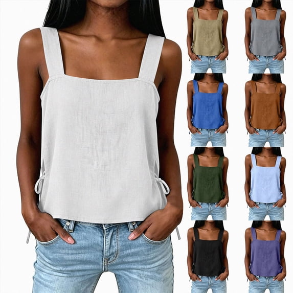 COMVALUE Womens Floral Embroidered Tank Tops Square Neck Cotton Linen Crop Top Sleeveless Boho Plus Size Side Tie Vest Blue Size S