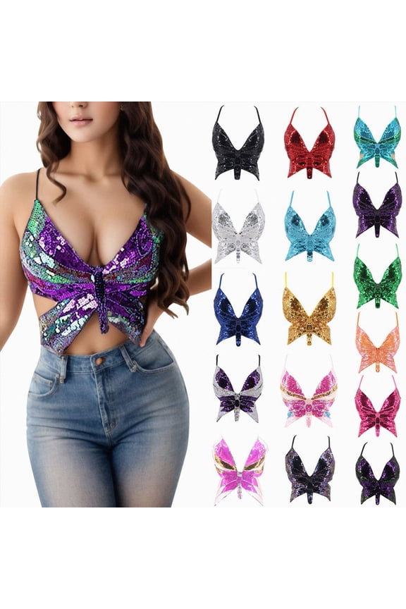 Womens Glitter Sequin Butterfly Crop Top Low-Cut Tank Top Rave Tube Vest Top for Belly Dance Costume Outfits F for Size One Size
