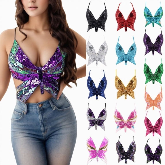 COMVALUE Womens Glitter Sequin Butterfly Crop Top Low-Cut Tank Top Rave Tube Vest Top for Belly Dance Costume Outfits I for Size One Size