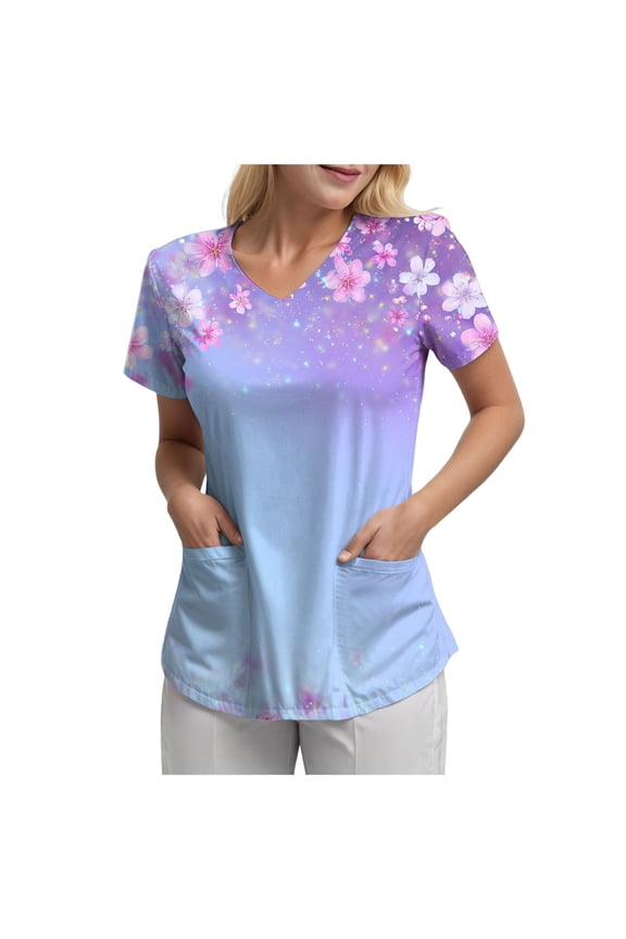 Womens Heart Printed Animals Nurse Uniforms 2026 Scrub Tops for Women Short Sleeve V Neck Scrub Shirt with Pockets (Light Blue, S)