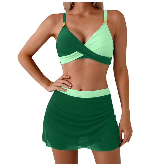 COMVALUE Womens High Waisted Bikini Set V Neck Bikini Set Color Block with Cover Up 2 Pcs Bathing Suits (Dark Green, XXL)