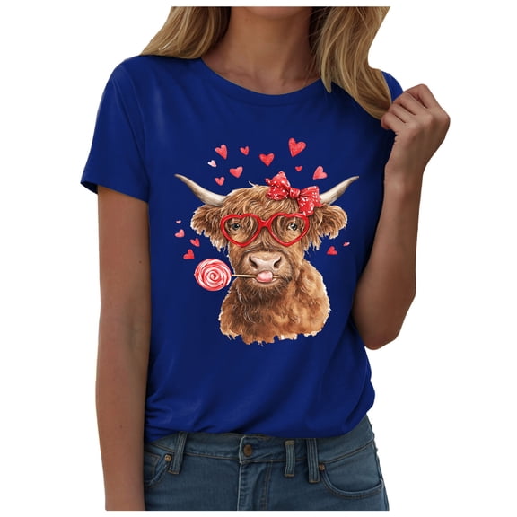 COMVALUE Womens Highland Cow Shirt Cute Cowgirl Tshirt Cattle Bella Graphic Tees Casual Short Sleeve Summer Tops (Blue, L)