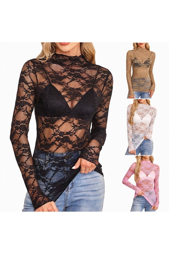 Womens Lace Tops Mesh Long Sleeve Shirts Sheer Undershirts | See Through Blouses, Mock Neck Tshirt, Cute Floral Print, Slim Fitted Tee, Fall Outfits, Fashion Clothing, Soft Layered Black XXL