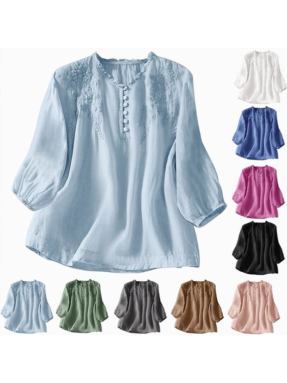 Womens Linen Cotton Blouses Summer Elbow Sleeve Embroidered Boho Peasant Flowy Dressy Tunic Tops Sky Blue XXL