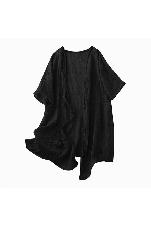 Womens Long Cardigans Lightweight Cover Up Fall Casual Loose Fit Half Sleeve Cotton Tops Beach Coverups with Pockets Black S