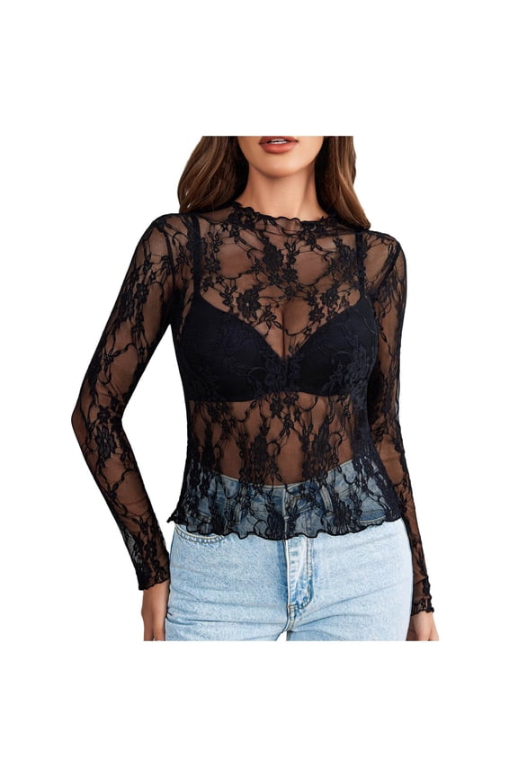 Womens Long Sleeve Mesh Top See Through Mock Neck Sheer Blouses (Black, XXL)