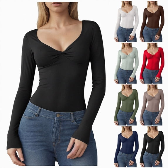 COMVALUE Womens Long Sleeve Twist Front V Neck T Shirts Double Lined Slim Fit Trendy Top Tee Navy M