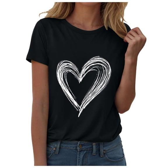 COMVALUE Womens Love Heart Shirts Short Sleeve Valentines Crewneck Colorful Heart Graphic Tees Tops (Black, 3XL)