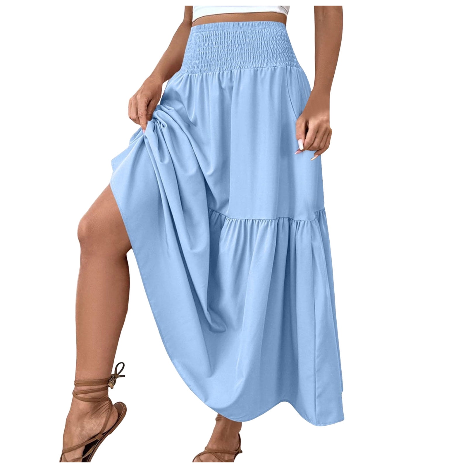 COMVALUE Womens Maxi Skirt Summer Boho Long Flowy Elastic High Waist ...