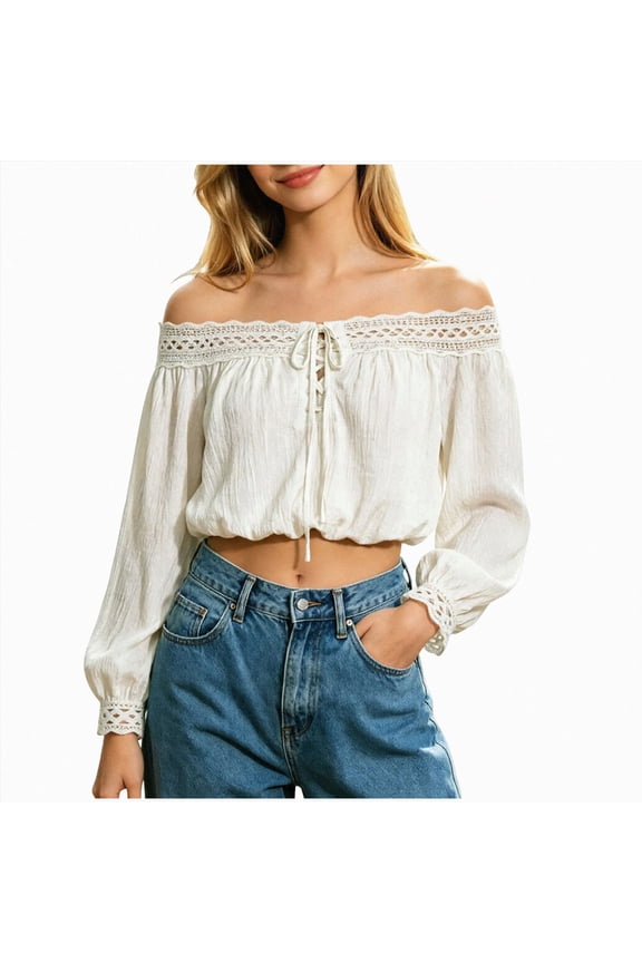Womens Off The Shoulder Tops Puff Long Sleeve Tie Front Loose Fit Ruffle Shirts Blouses Beige XL