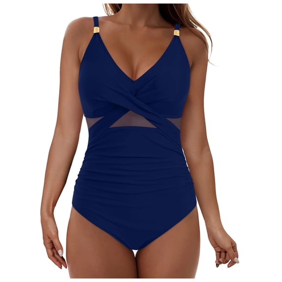 COMVALUE Womens One Piece Swimsuit Metal Modest Tummy Control Bathing Suit Slimming Full Coverage Mesh Swim Suit (Dark Blue, XXL)