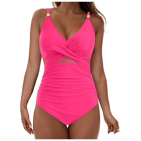 COMVALUE Womens One Piece Swimsuit Metal Modest Tummy Control Bathing Suit Slimming Full Coverage Mesh Swim Suit (Hot Pink, XL)