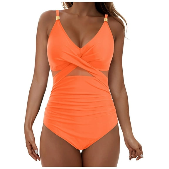 COMVALUE Womens One Piece Swimsuit Metal Modest Tummy Control Bathing Suit Slimming Full Coverage Mesh Swim Suit (Orange, M)