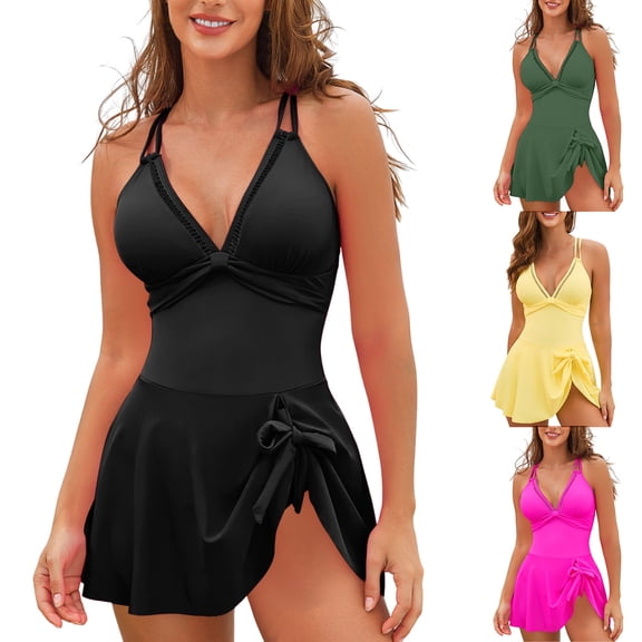 COMVALUE Womens One Piece Swimsuit Tummy Control Bathing Suit Scalloped Modest Tie Knot 2026 Swim Dress (Hot Pink, M)