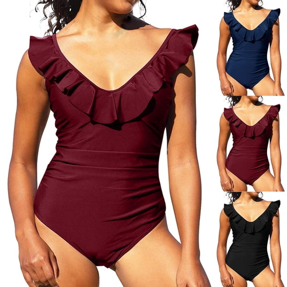 COMVALUE Womens One Piece Swimsuit Tummy Control, V Wire Neck Swimsuits 2026, Ruffle Straps Bathing Suit for Women (Wine, M)