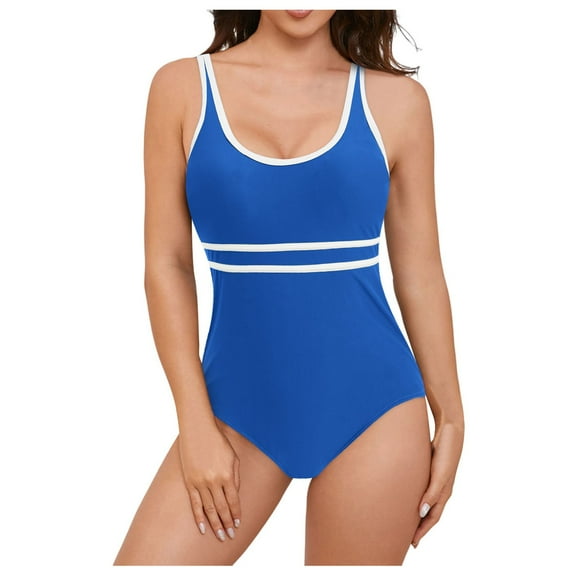 COMVALUE Womens One Piece Swimsuits Color Block Bathing Suit Sport Swimwear Slimming Modest (Blue, XL)