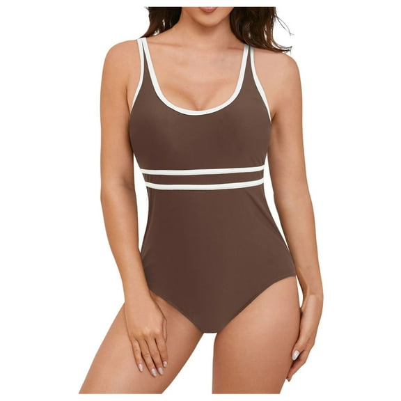 COMVALUE Womens One Piece Swimsuits Color Block Bathing Suit Sport Swimwear Slimming Modest (Coffee, XXL)