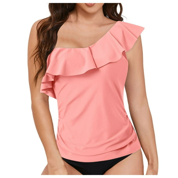 COMVALUE Womens One Shoulder Tankini Swim Tops Ruffle Bathing Suit Tops No Bottoms (Pink, XXL)