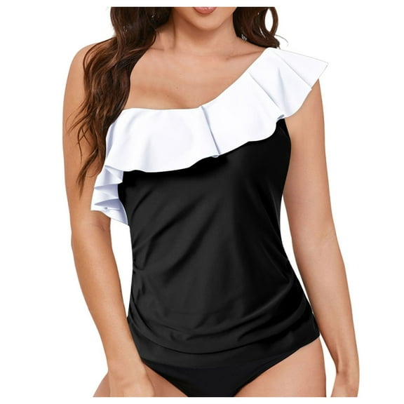 COMVALUE Womens One Shoulder Tankini Swim Tops Ruffle Bathing Suit Tops No Bottoms (WH3, M)