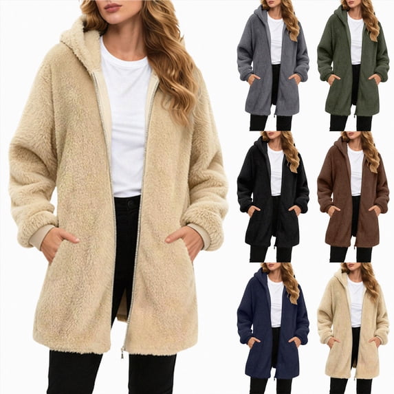 COMVALUE Womens Oversized Jacket Fuzzy Fleece Zip Up Jacket Warm Winter Coats Faux Fur Coat with Pockets (Grey, L)